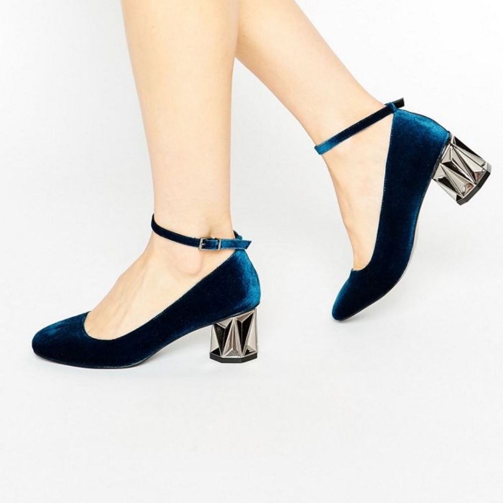 Asos blue velvet block heel size 9
